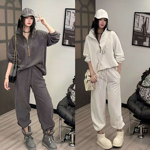 新款 半拉链高领卫衣高腰卫裤 两件套女2025秋季 纯色运动套装 长裤