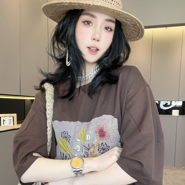 短袖连衣裙女2026夏季新款网纱下摆拼接印花T恤裙圆领半袖裙子