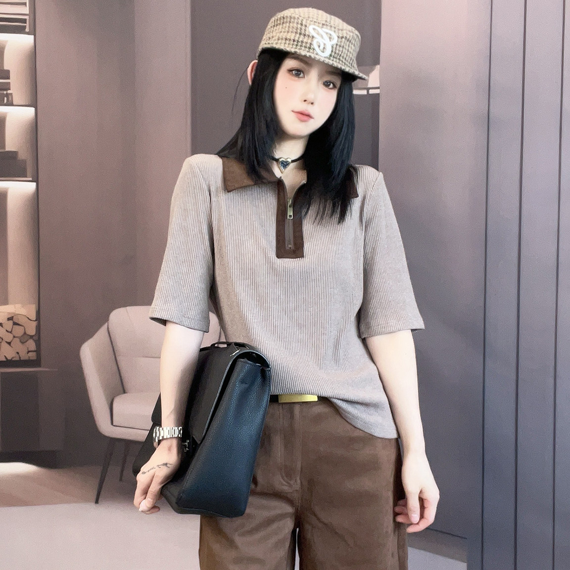 短袖T恤女2026秋季新款设计感时尚撞色拼接半拉链打底衫半袖上衣