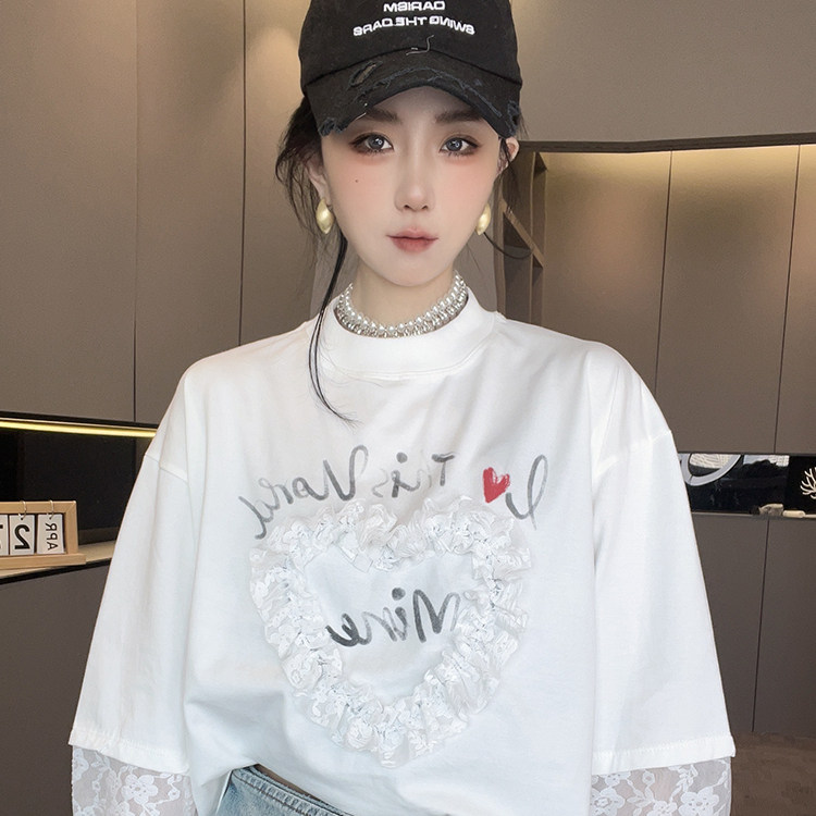 长袖T恤女2026春季新款蕾丝钩花拼接假两件打底衫爱心字母上衣