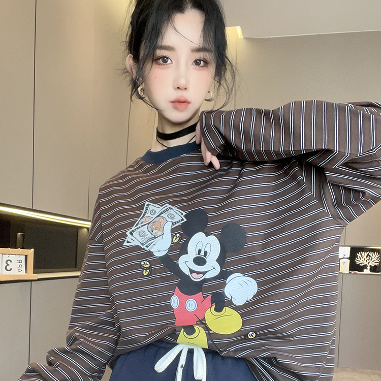 条纹T恤女2025秋冬新款撞色卡通动漫印花中长款打底衫圆领上衣