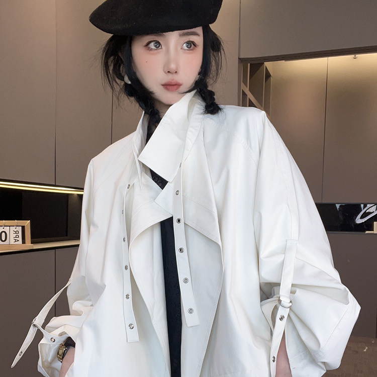风衣女2026春季新款欧洲站设计感纯色中长款翻领收腰外套长袖上衣