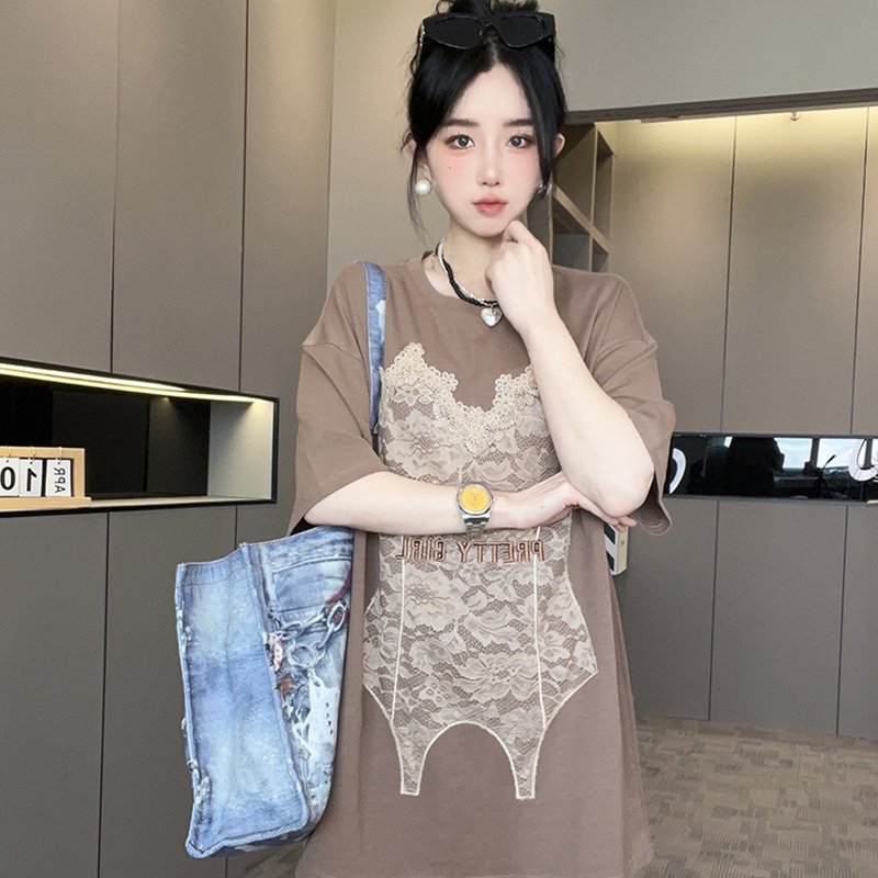 短袖T恤女2025夏季新款女装蕾丝钩花拼接中长款打底衫圆领上衣