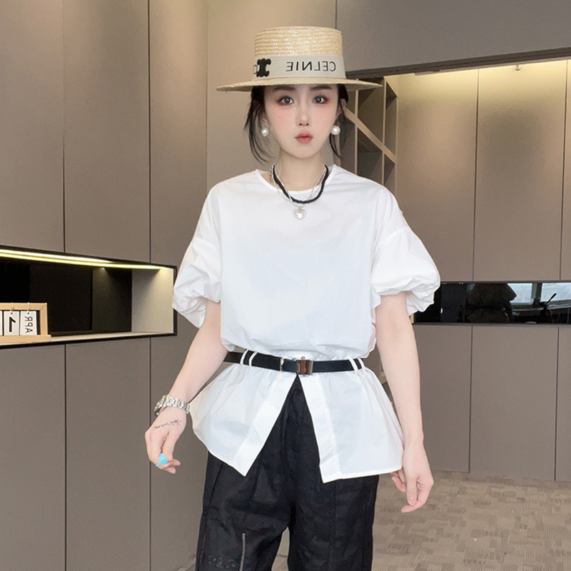 短袖衬衫女2025夏季新款欧洲站纯色腰带前开叉灯笼袖圆领套头上衣