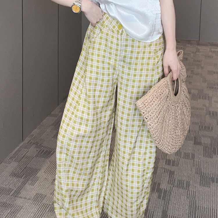 格子休闲裤女2026夏季新款撞色拼接印花直筒裤高腰长裤百搭裤子