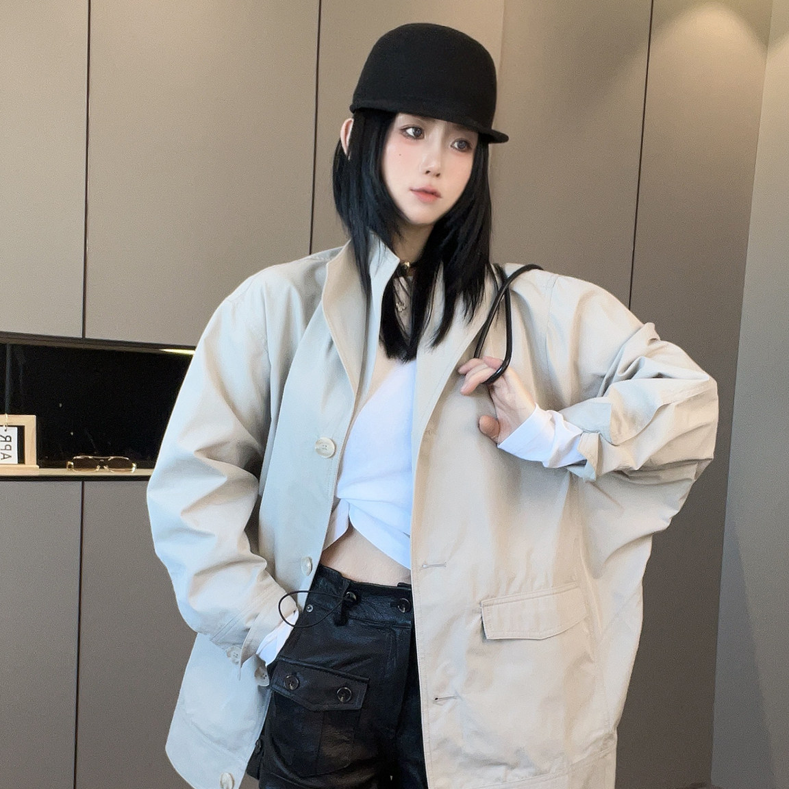 外套女2026早秋新款欧洲站设计感时尚韩版纯色风衣单排扣长袖上衣
