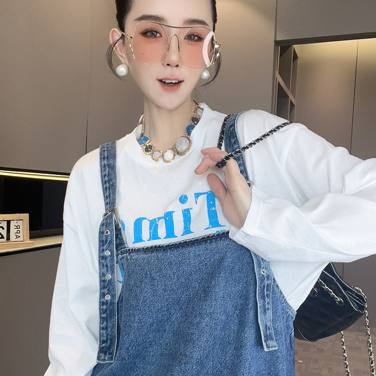 字母长袖圆领上衣牛仔背带裙连衣裙时尚套装两件套女2026夏季新款