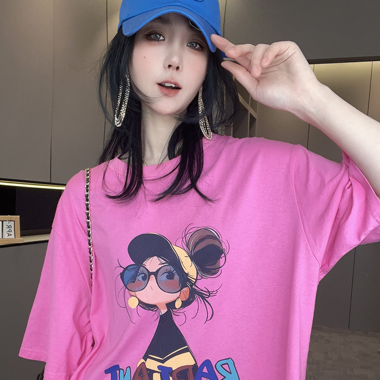 短袖T恤女2026春季新款卡通人物字母印花中长款打底衫圆领上衣