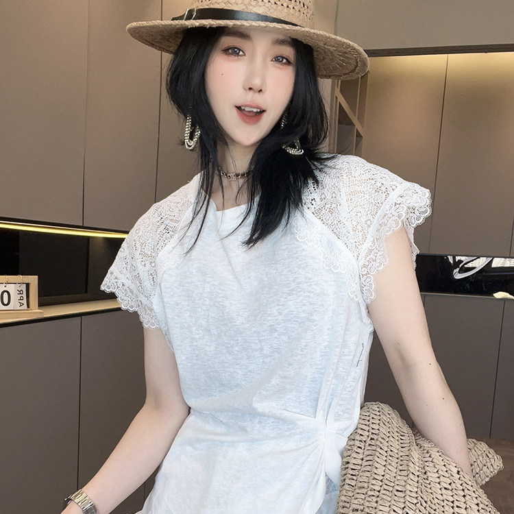 短袖T恤女2026夏季新款简约风纯色蕾丝钩花镂空拼接半袖圆领上衣