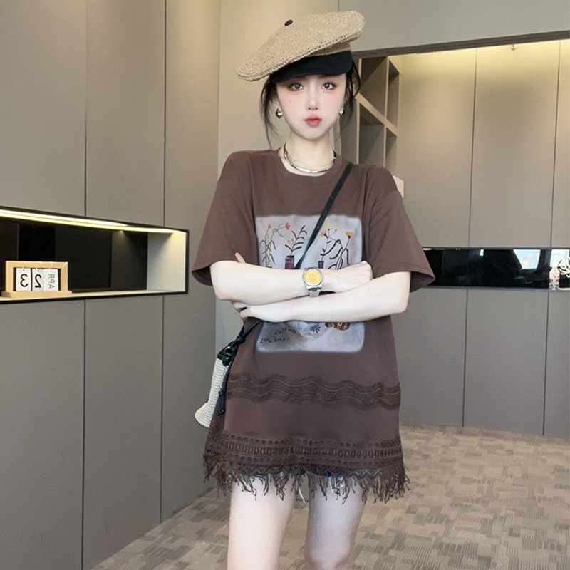 短袖T恤女2025夏季新款图案印花流苏下摆打底衫中长款圆领上衣