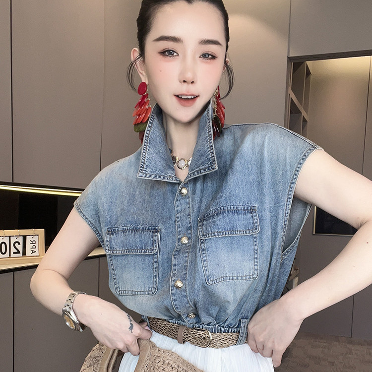 无袖连衣裙女2026夏季新款牛仔拼接假两件网纱长裙腰带收腰裙子