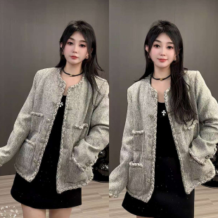 单排扣加棉外套长袖 小香风棉服女2025秋季 纯色中长款 时尚 上衣 新款