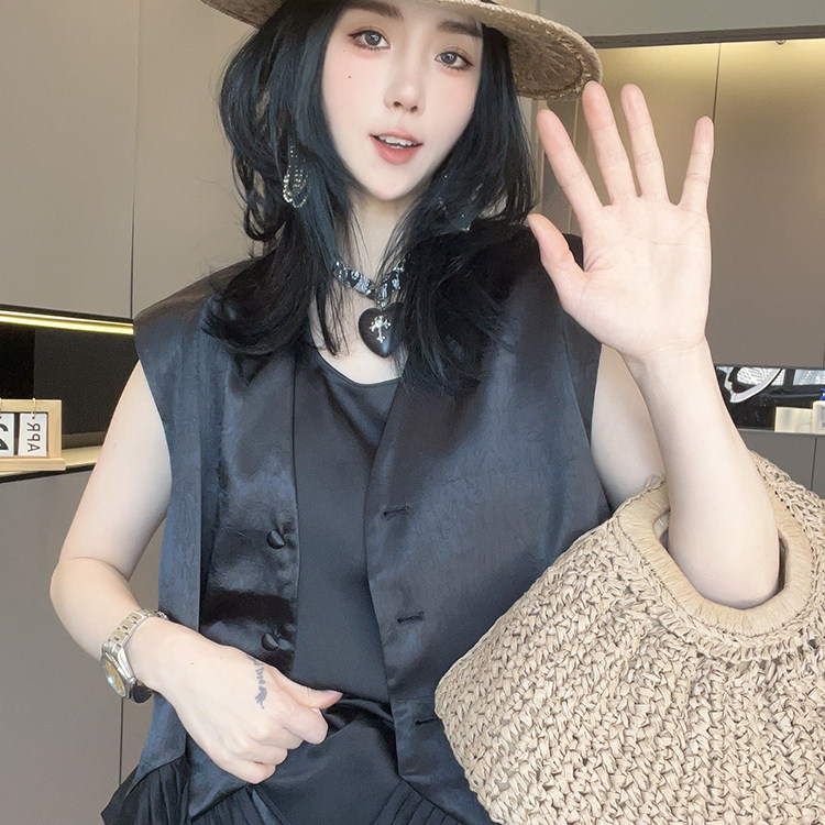 单排扣马甲蕾丝钩花拼接高腰长裤纯色套装两件套女2026夏季新款