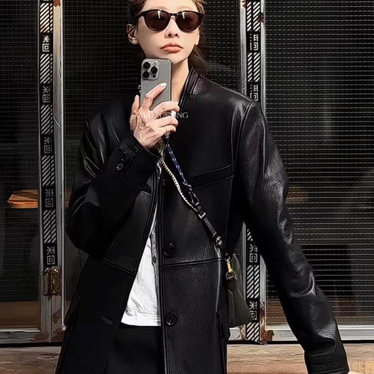 皮衣女2025春季新款女装设计感绵羊皮单排扣外套中长款长袖上衣
