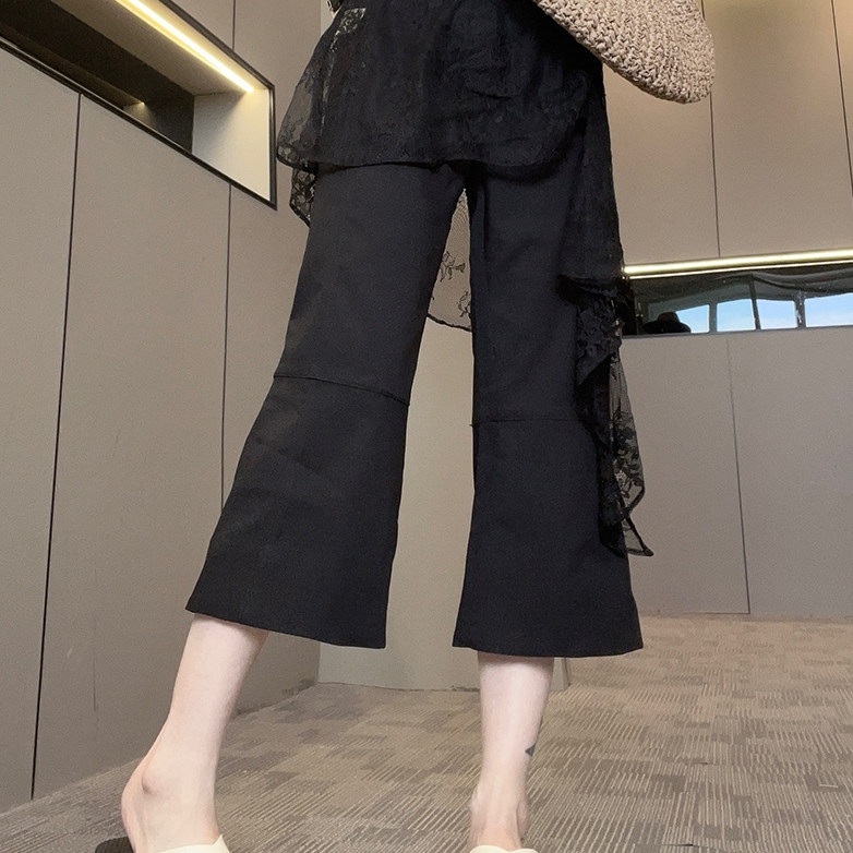 蕾丝拼接裙裤女2026春季新款简约风纯色休闲裤高腰八分裤宽松裤子