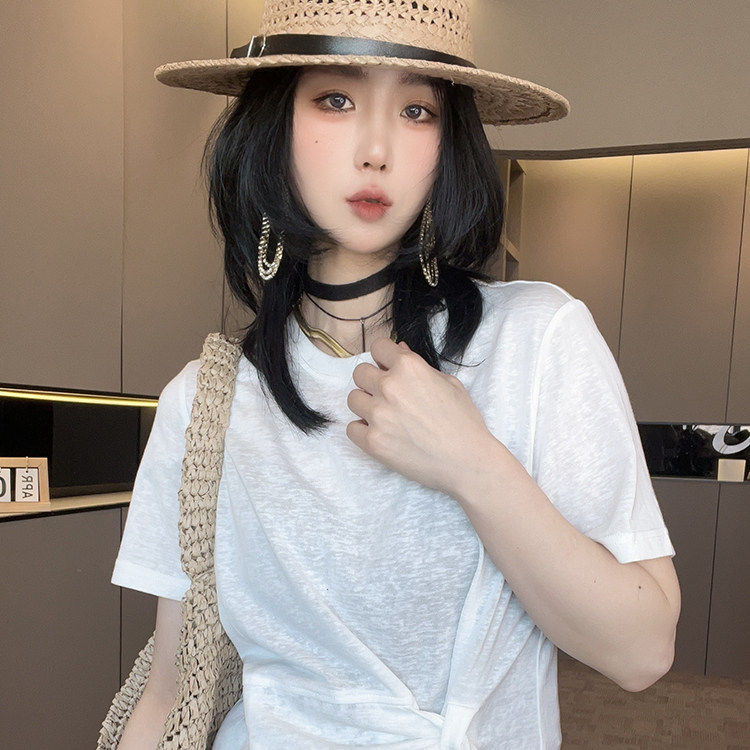 短袖T恤女2026春季新款时尚纯色蕾丝拼接褶皱打底衫圆领半袖上衣