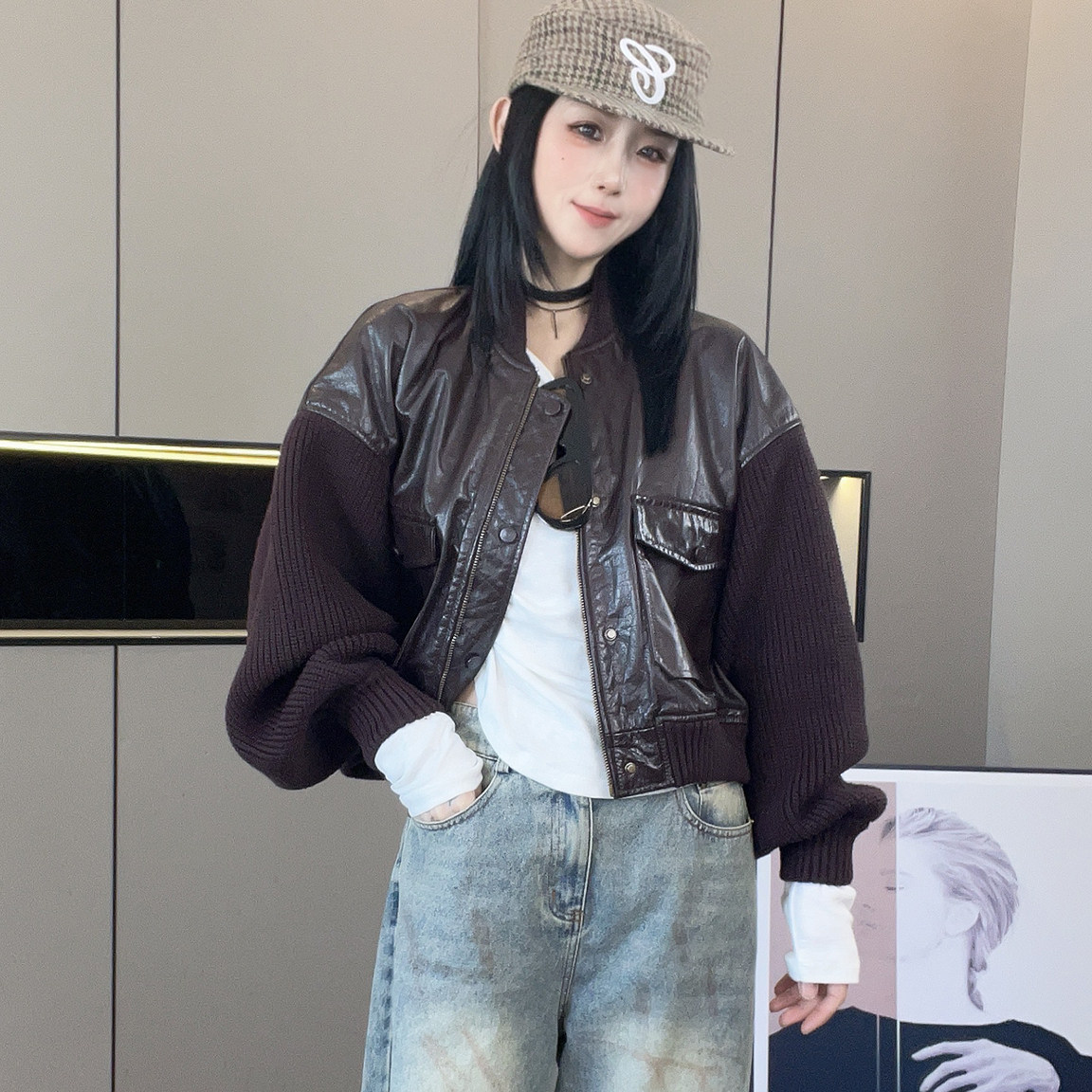 针织拼接长袖皮衣女2026秋季新款单排扣皮夹克短款外套大口袋上衣