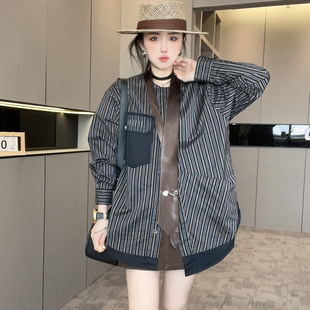 欧洲站设计感宽松领带单排扣中长款 新款 上衣 女2025秋季 条纹衬衫