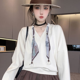 丝巾抽绳V领打底衫 长袖 欧洲站女装 T恤女2025秋季 宽松纯色上衣 新款