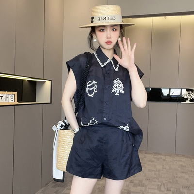 单排扣无袖衬衫高腰直筒短裤拼接刺绣套装两件套女2025夏季新款