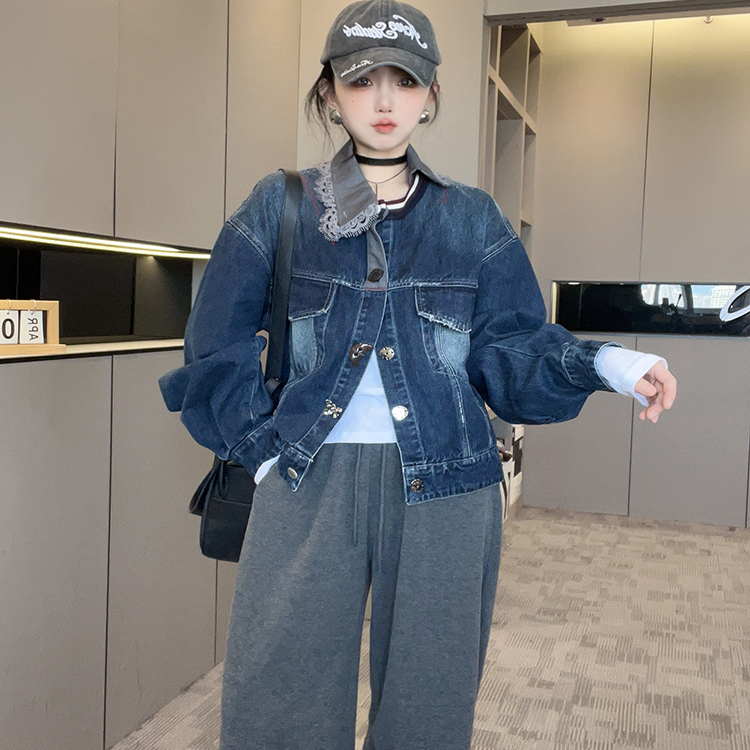 牛仔外套女2025秋季新款高级感撞色拼接翻领单排扣牛仔服长袖上衣