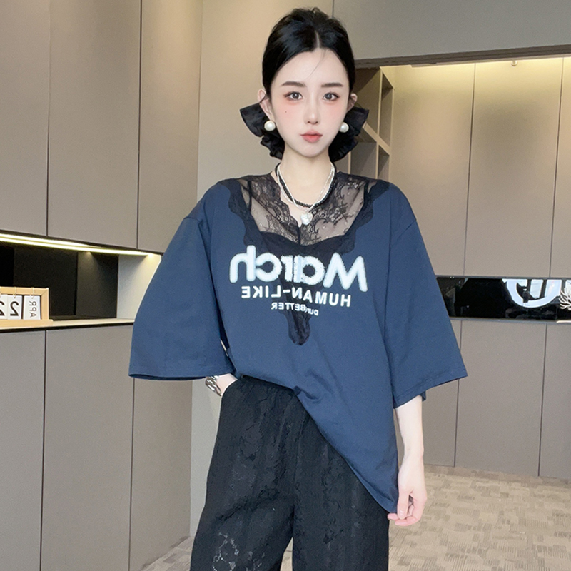 短袖T恤女2025春季新款设计感蕾丝拼接字母印花V领打底衫半袖上衣