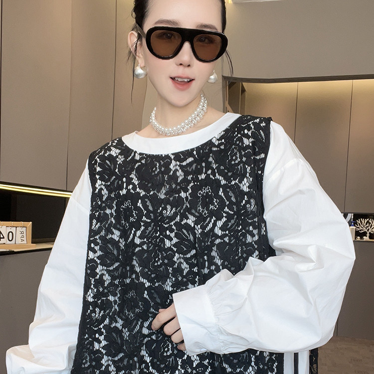 T恤女2026春季新款欧洲站中长款蕾丝钩花拼接假两件圆领长袖上衣