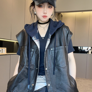 双面穿皮马甲女2025秋季新款纯色绵羊皮皮衣连帽外套中长款上衣