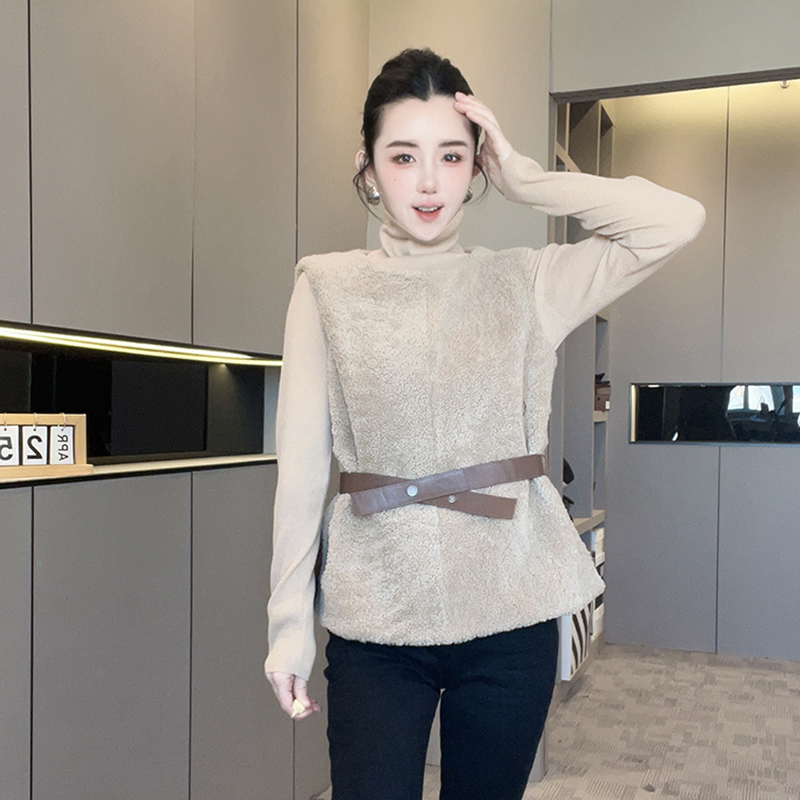 皮毛一体马甲女2025秋冬新款欧洲站撞色拼接腰带收腰圆领无袖上衣