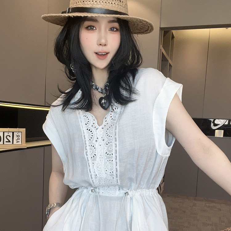 连衣裙女2026夏季新款欧洲站中长款纯色钩花镂空抽绳高腰显瘦裙子