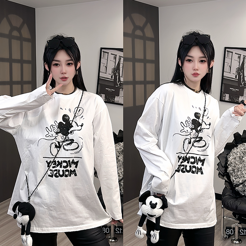 长袖T恤女2025冬季新款欧洲站卡通动漫字母印花打底衫圆领上衣