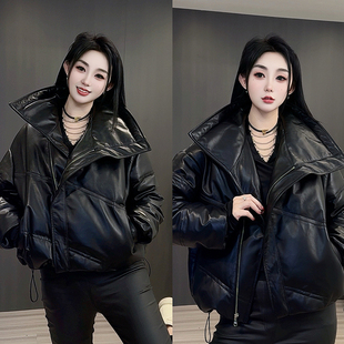 【现货】抽绳收腰绵羊皮皮衣纯色长袖翻领皮羽绒女2025秋冬新款