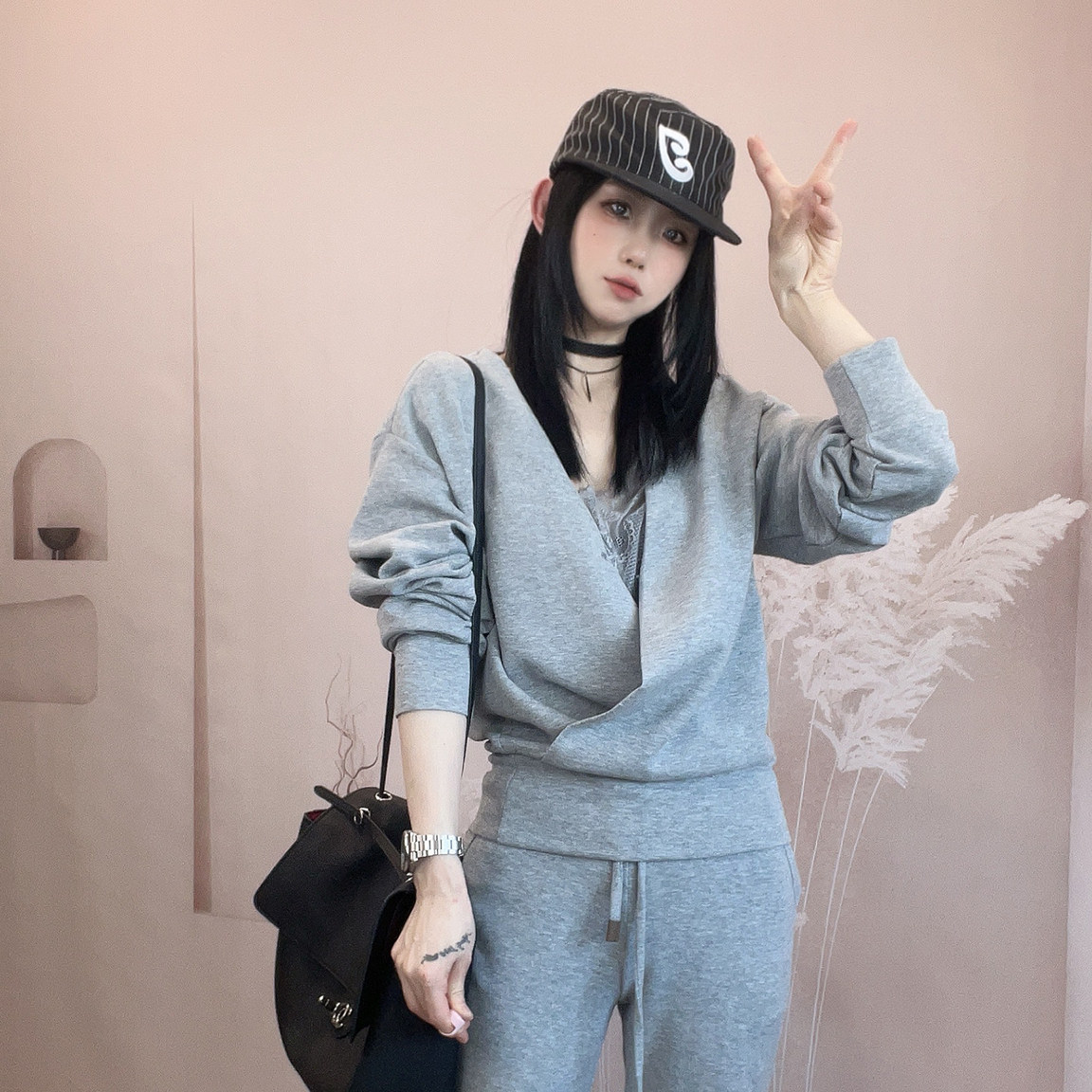 长袖卫衣高腰直筒裤休闲裤纯色套装两件套女2026秋季新款欧洲站