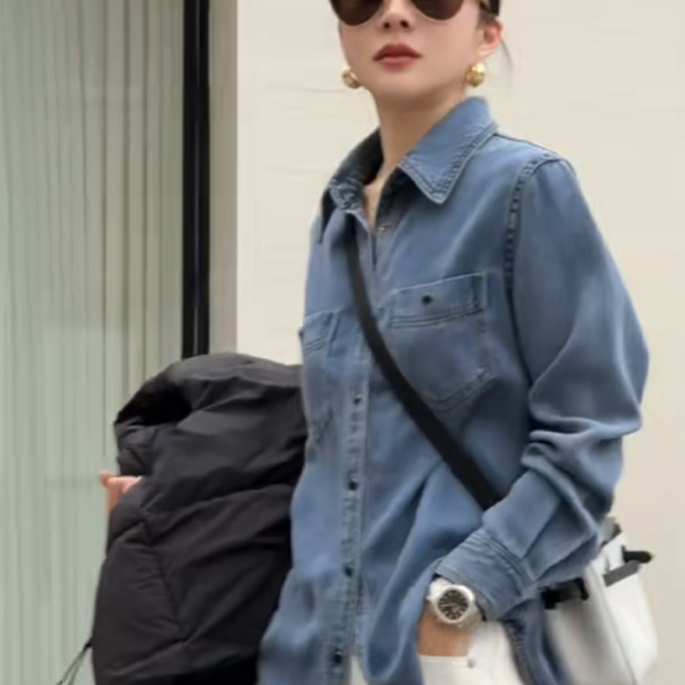 牛仔衬衫女2025冬季新款欧洲站气质减龄单排扣翻领衬衣长袖上衣,女装/女士精品,衬衫,淘宝优惠券,粉丝福利购,淘宝优惠卷