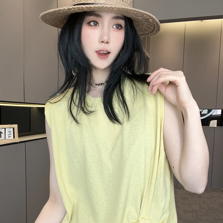 无袖T恤女2026夏季新款欧洲站设计感纯色简约褶皱圆领套头上衣