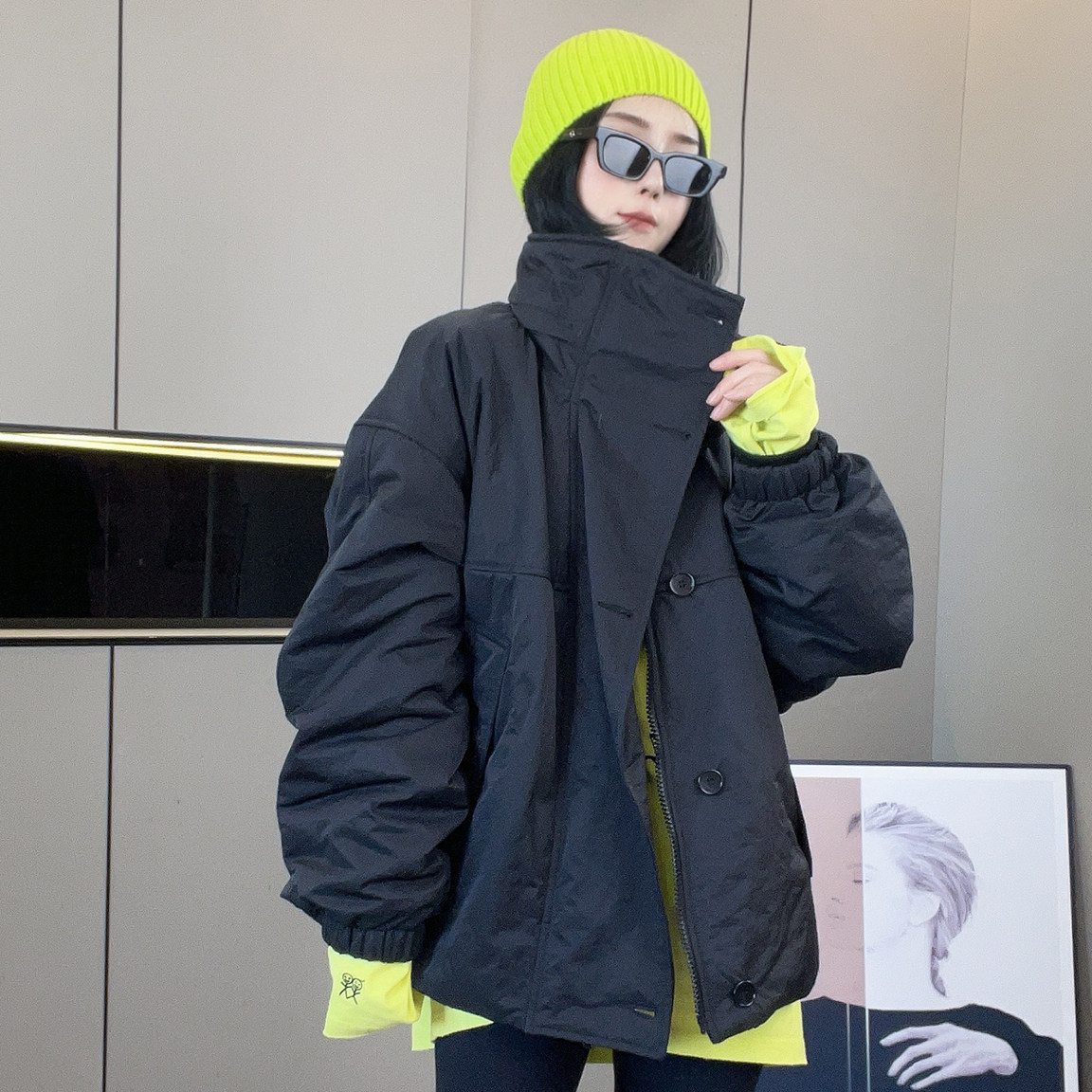 立领薄棉服女2026秋季新款纯色宽松中长款大口袋保暖外套长袖上衣