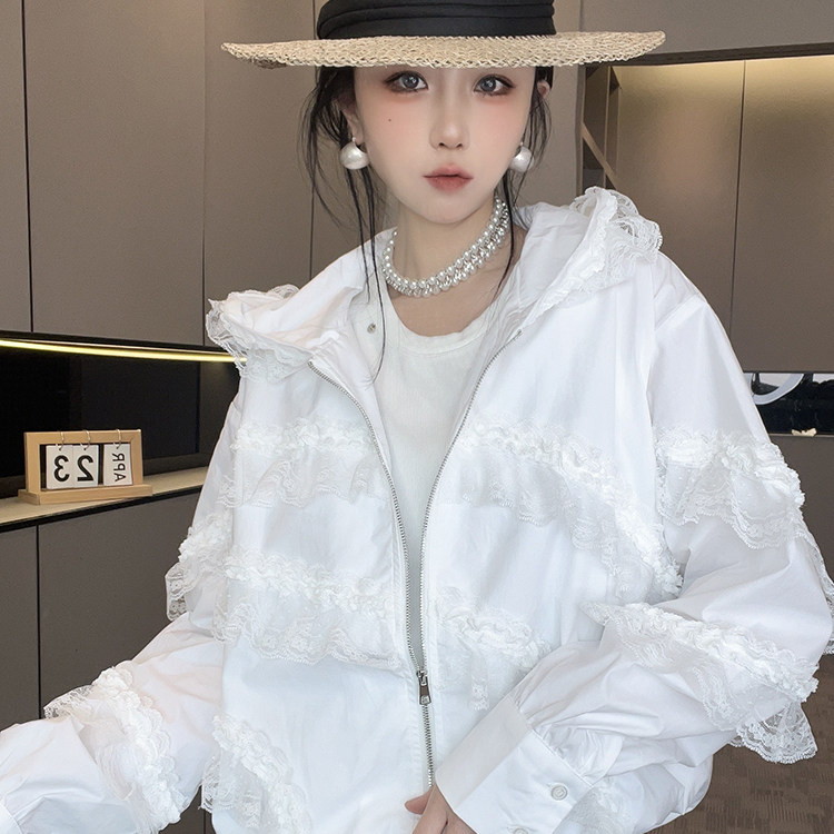 外套女2026春季新款欧洲站宽松纯色蕾丝钩花拼接连帽拉链长袖上衣