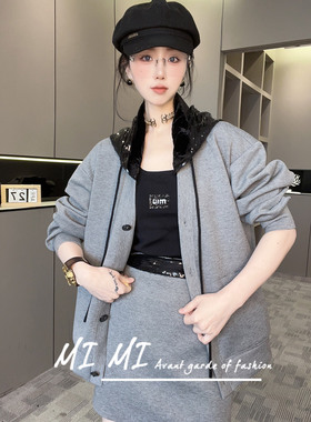 RR fshion 2024秋季新款重工亮片长袖外套高腰半身裙套装两件套