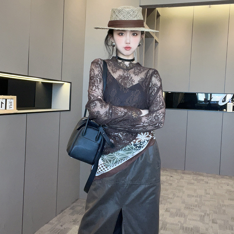 蕾丝衫女2026春季新款欧洲站纯色蕾丝钩花镂空打底衫长袖圆领上衣