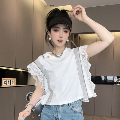 T恤女2025夏季新款欧洲站设计感蕾丝钩花镂空拼接打底衫圆领上衣