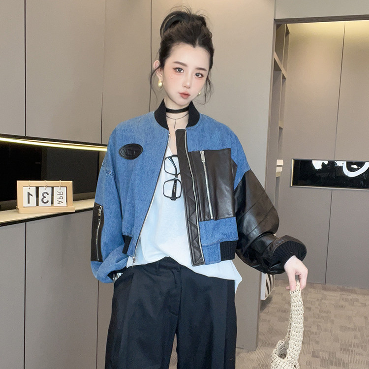 拼皮牛仔外套女2026春季新款欧洲站宽松百搭立领拉链夹克长袖上衣