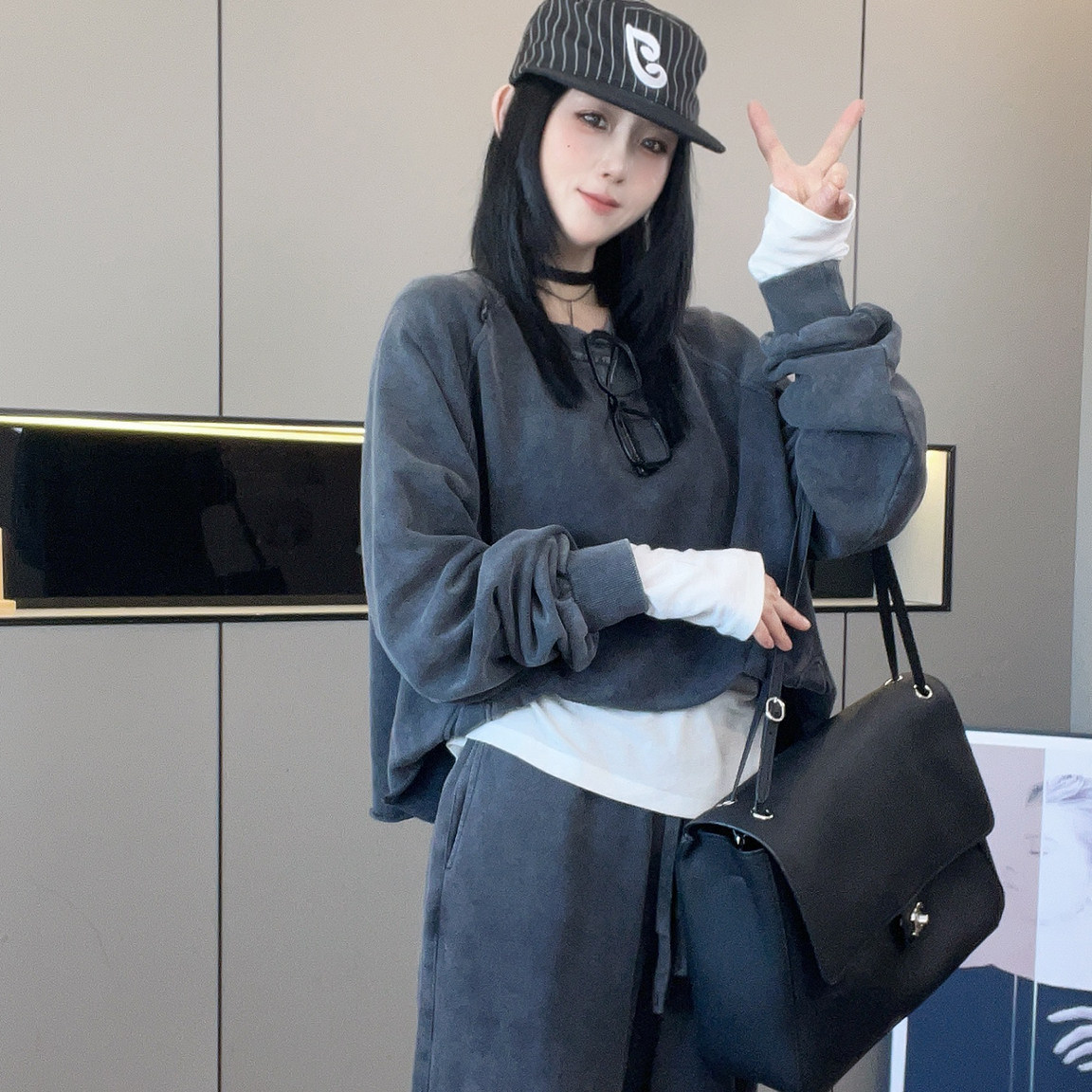 短款圆领长袖卫衣高腰卫裤直筒长裤运动套装两件套女2026秋季新款