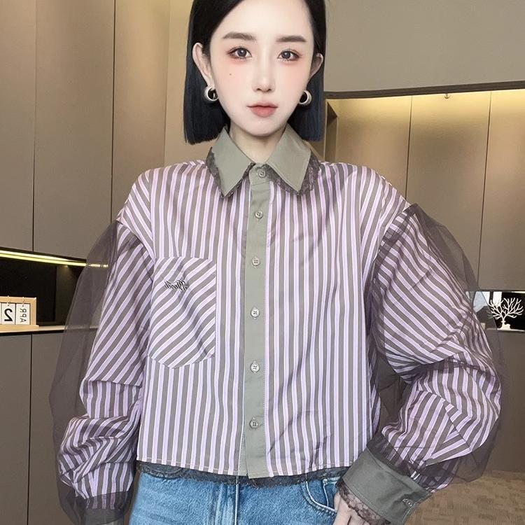 条纹衬衫女2025春季新款欧货百搭时尚网纱拼接单排扣长袖翻领上衣