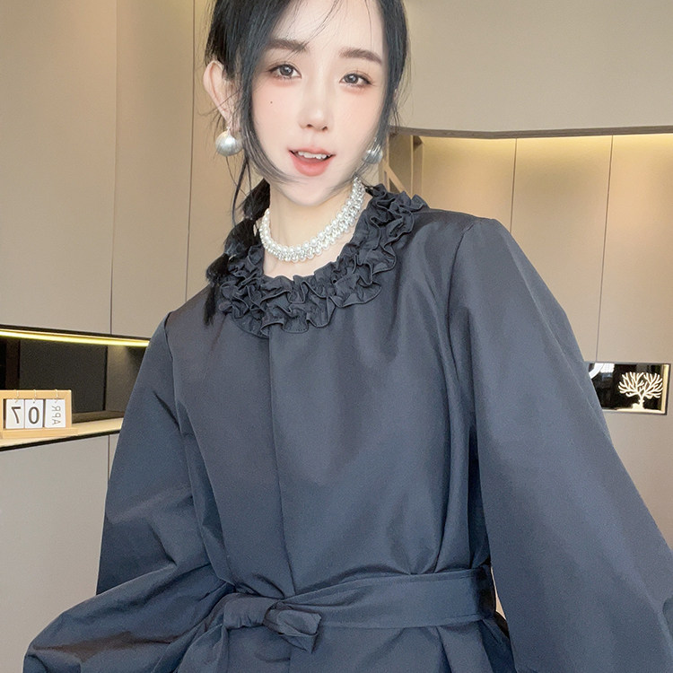 风衣女2026春季新款纯色系带收腰拼接木耳边外套时尚百搭长袖上衣