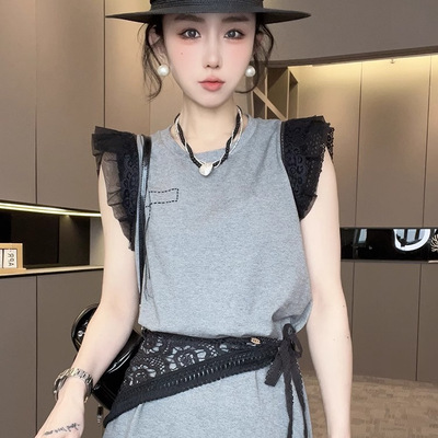 连衣裙女2025春季新款欧洲站女装设计感镂空钩花拼接长裙圆领裙子