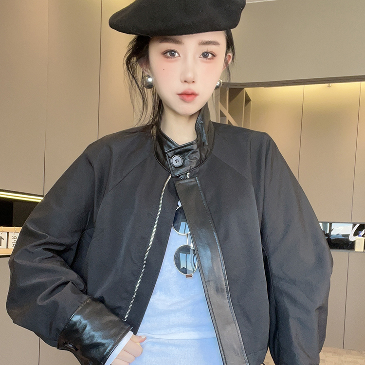 拼皮外套女2025秋季新款欧洲站纯色短款棒球服立领夹克长袖上衣