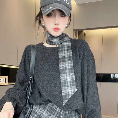 丝带长袖圆领上衣格子屁帘休闲裤长裤套装两件套女2025秋季新款