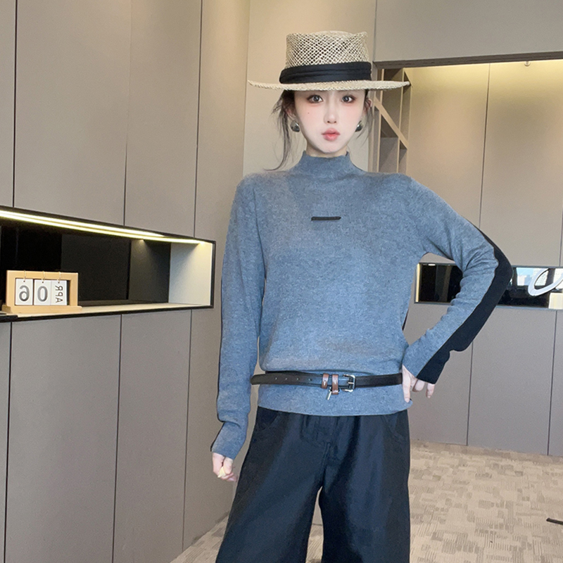 长袖针织衫女2025秋季新款欧洲站设计感撞色拼接腰带收腰高领上衣