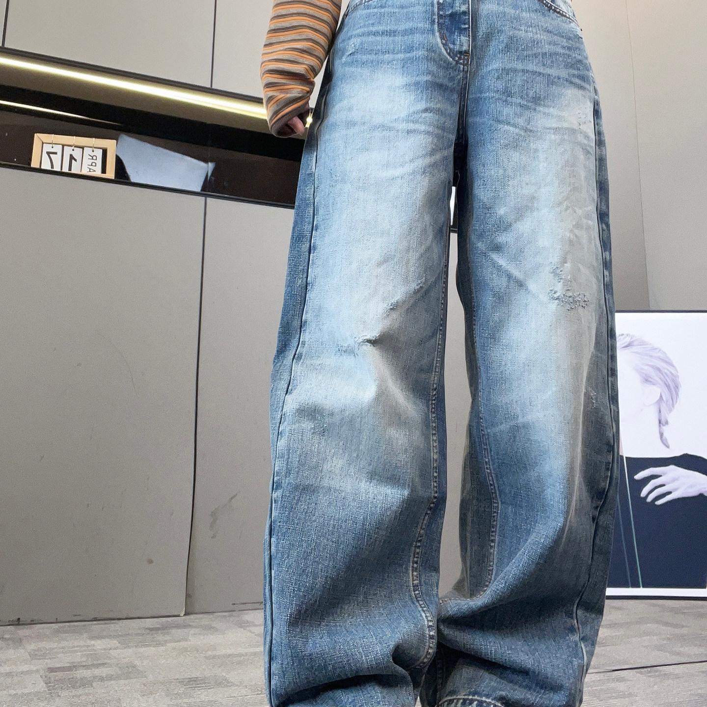 牛仔裤女2026秋季新款欧洲站复古做旧磨破阔腿裤高腰长裤显瘦裤子