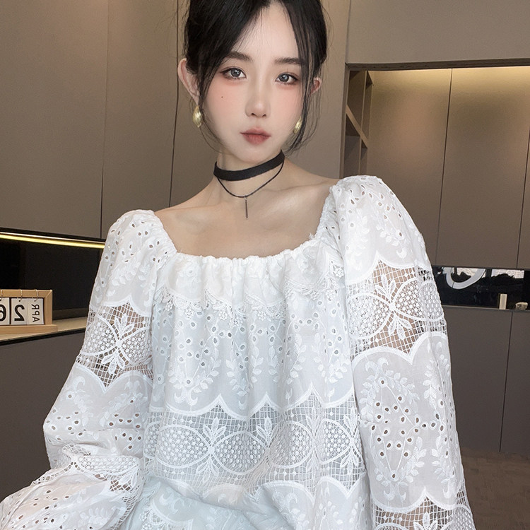 衬衫女2026春季新款镂空钩花拼接方领泡泡袖小衫宽松百搭长袖上衣